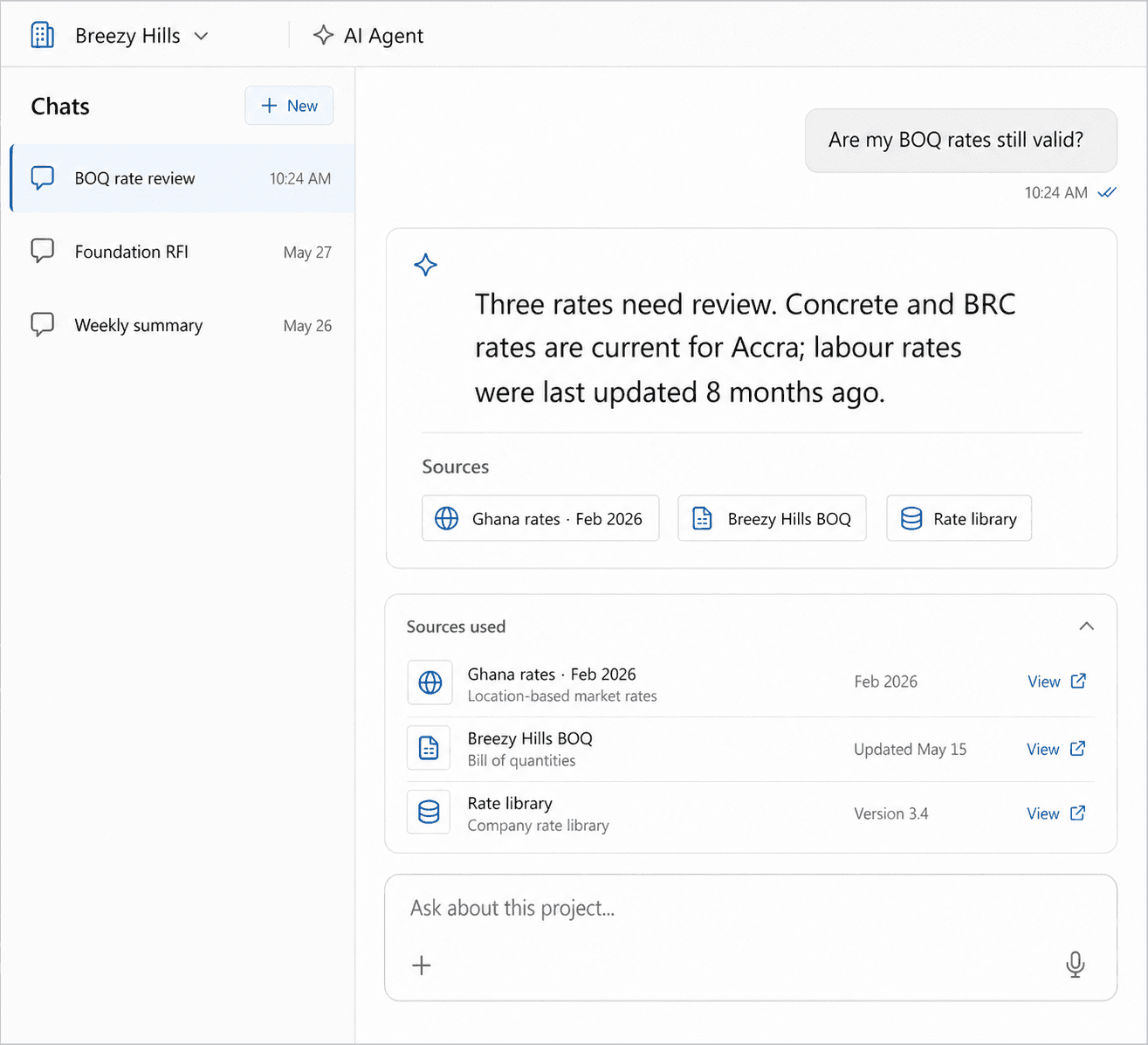 Buildria project AI screen with project context, prompts, and source-aware actions